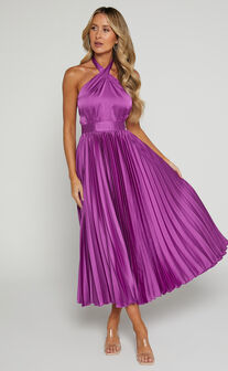 Eloise Midi Dress - Halter Neck Pleated Dress in Grape