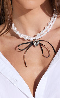 Henrietta Necklace - Pearl Bow Detail Heart Pendant Necklace in White