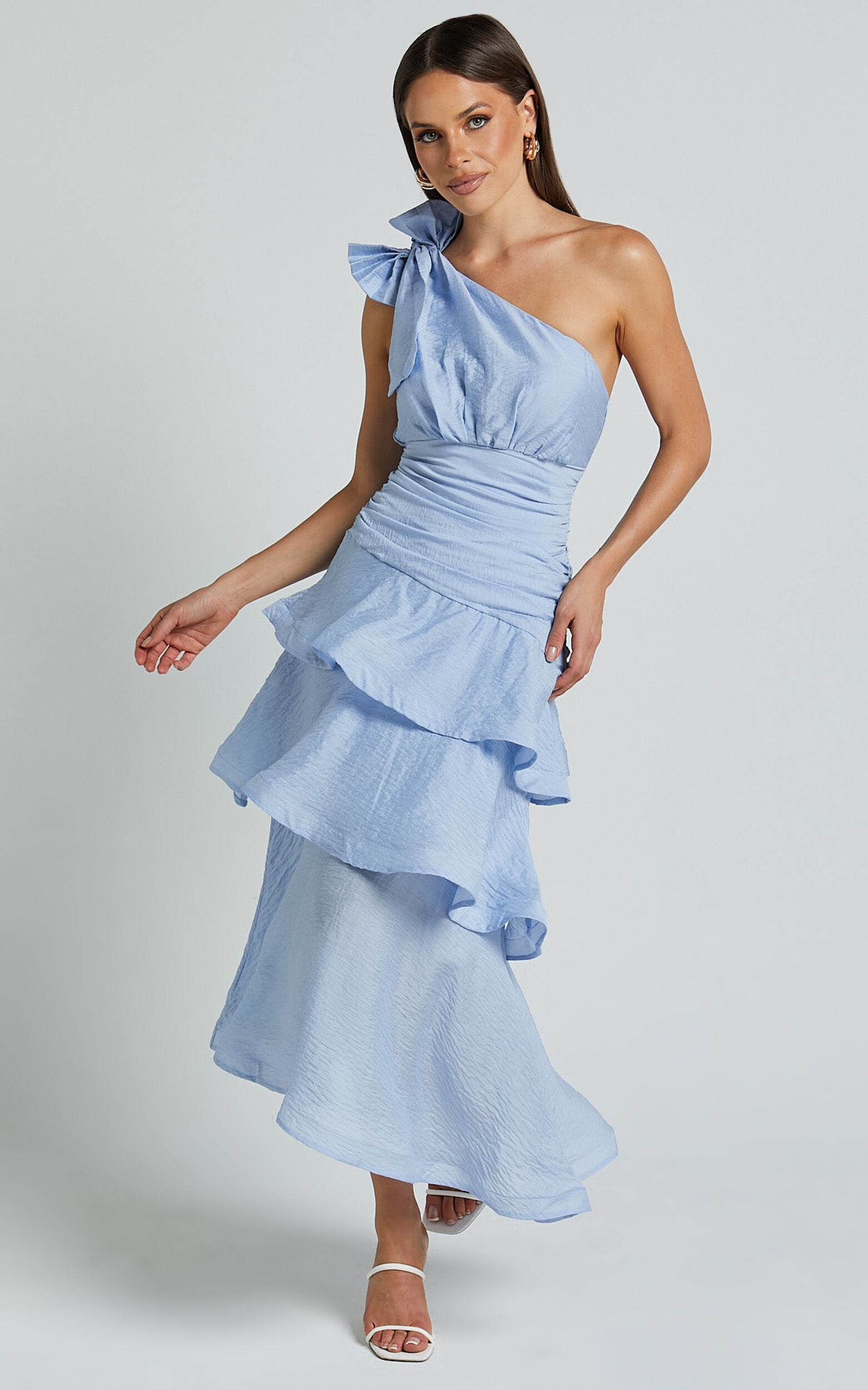 Eugenia Midi Dress - One Shoulder Fit and Flare Layered Dress in Pale Blue