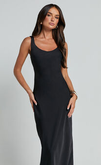 Julie Midi Dress - Scoop Neck Low Back Satin Slip Dress in Black