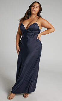 Cariela Midi Dress - Plunge Neck Satin Dress in Navy