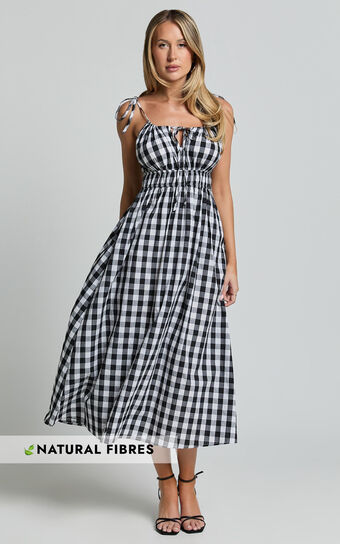 Vela Midi Dress - Strappy Tie Shoulder Elasticated Waist Dress in Black and White Gingham