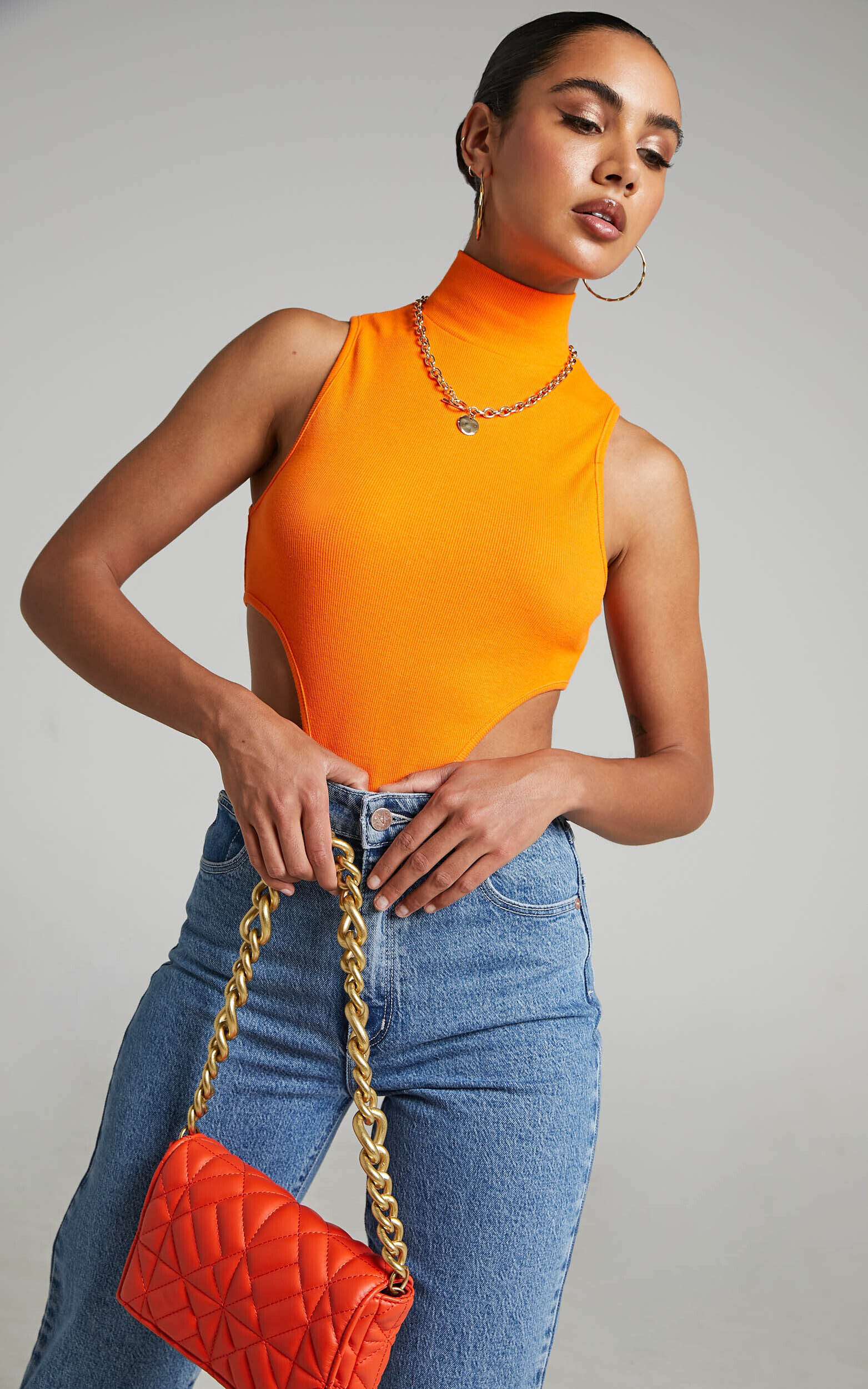 Nuala Bodysuit - High Neck Side Cut Out Bodysuit in Orange - 06, ORG2