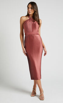 Marlette Midi Dress - Pleated Open Back Halter Dress in Rust