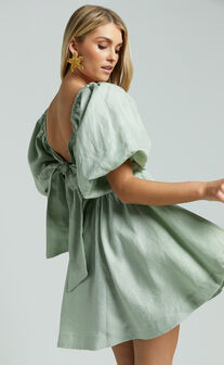 Amalie The Label - Hamyya Linen Tie Back Puff Sleeve Mini Dress in Sage