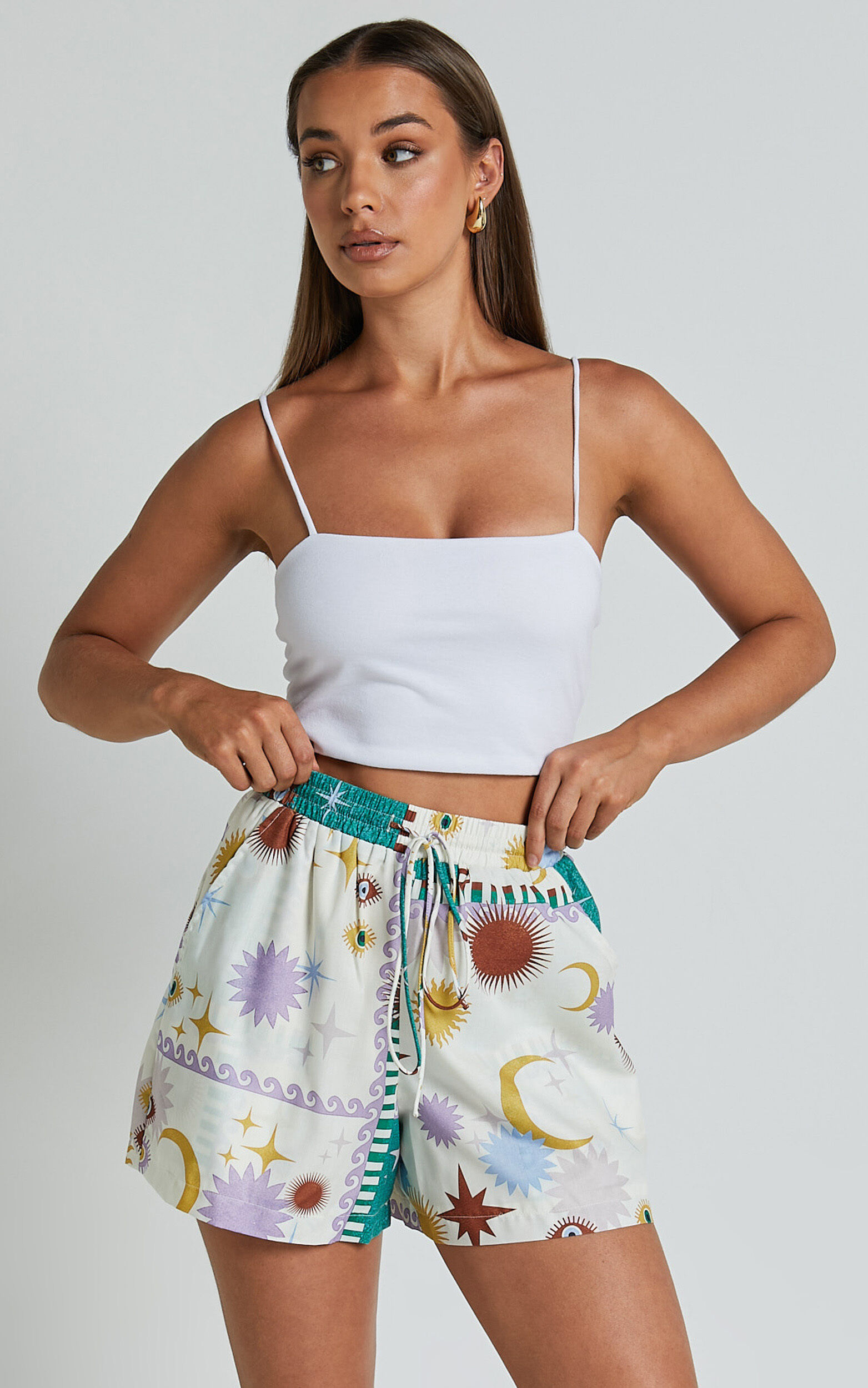 Sifani Shorts - High Waist Elastic Drawstring Shorts in Cosmic Summer - 06, WHT1