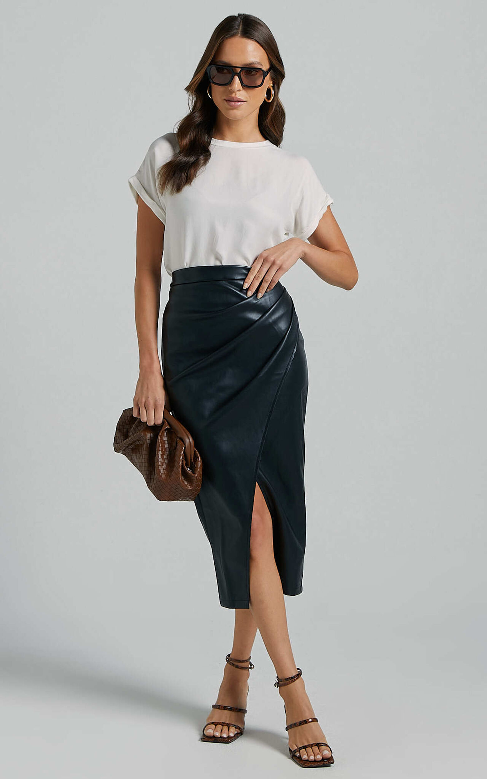 Gena Midi Skirt - Split Faux Leather Skirt in Black | Showpo