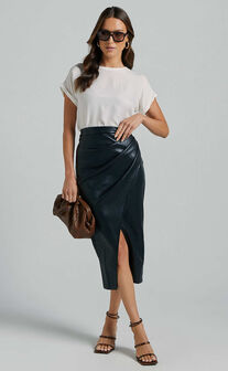 Gena Midi Skirt - Split Faux Leather Skirt in Black