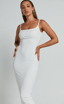Reyneth Midi Dress - Low Back Bodycon Rib Dress in Off White