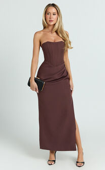 Avery Midi Dress - Strapless Draped Side Split Dress in Chocolate