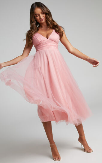 Agatha Midi Dress - Sleeveless V-Neck Organza Dress in Dusty Pink