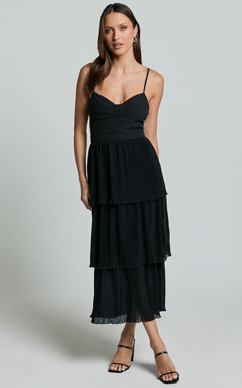 Nina Midi Dress - Bustier Frill Detail Dress in Black