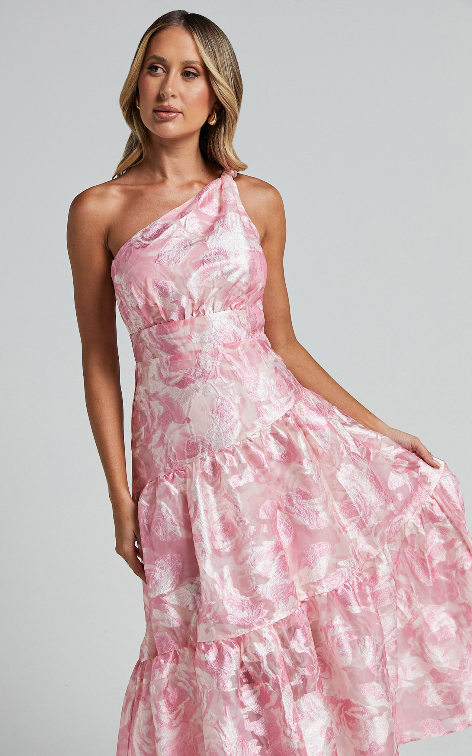 Lettie Midi Dress - One Shoulder Tiered Dress in Blurred Rose | Showpo