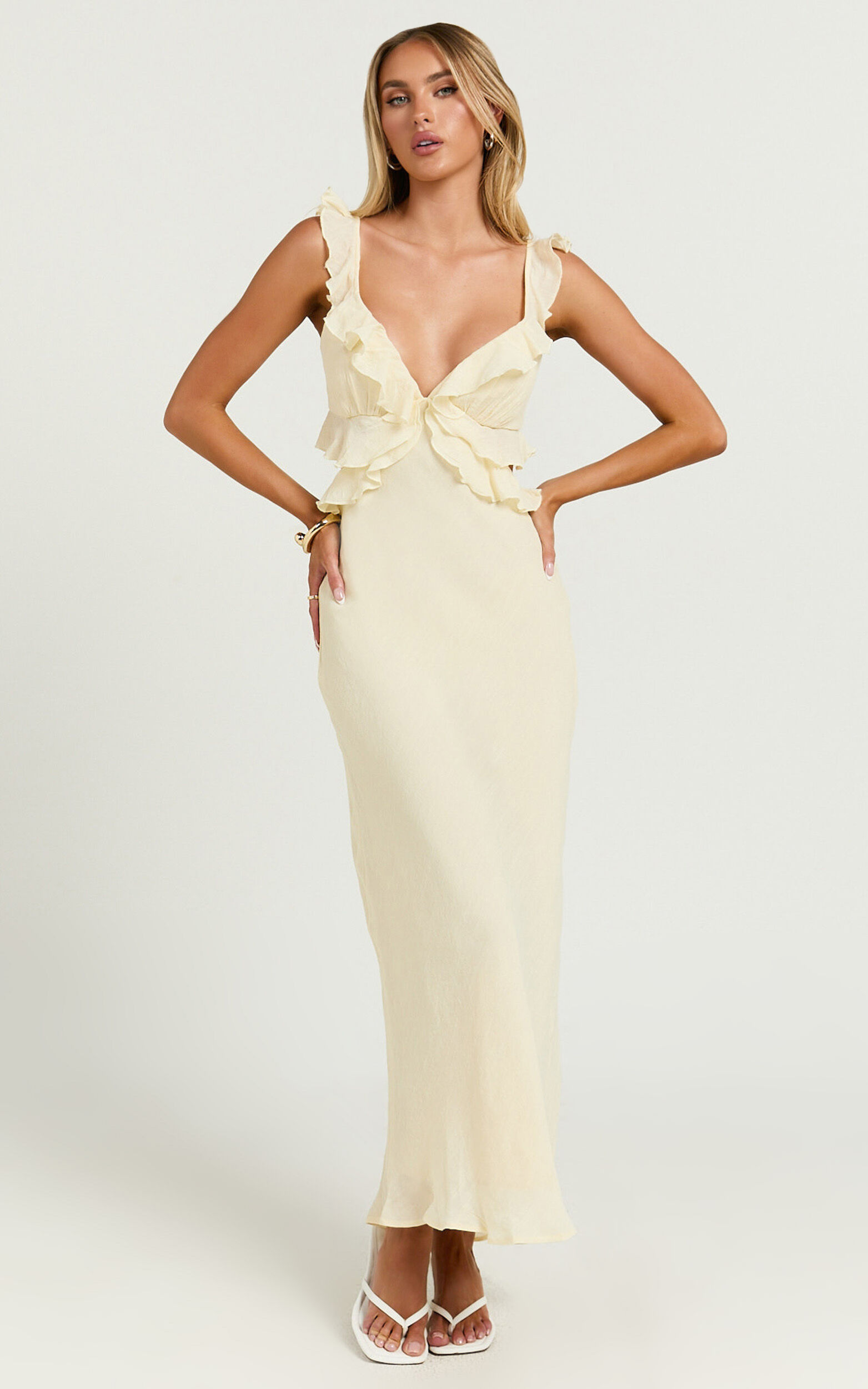 Dahlia Midi Dress - Ruffle Details Slip Dress in Lemon - 06, YEL1