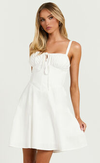 Maiya Mini Dress - Tie Front Fitted Bodice Dress in White