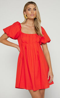 Angelica Mini Dress - Linen Look Puff Sleeves Dress in Red Orange