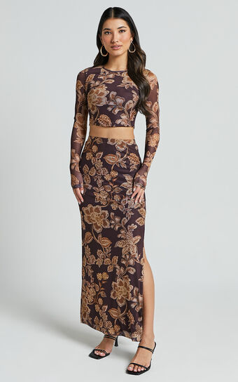 Willow Two Piece Set - Long Sleeve Top and Midi Skirt Mesh Set in Amber Bloom Print Showpo