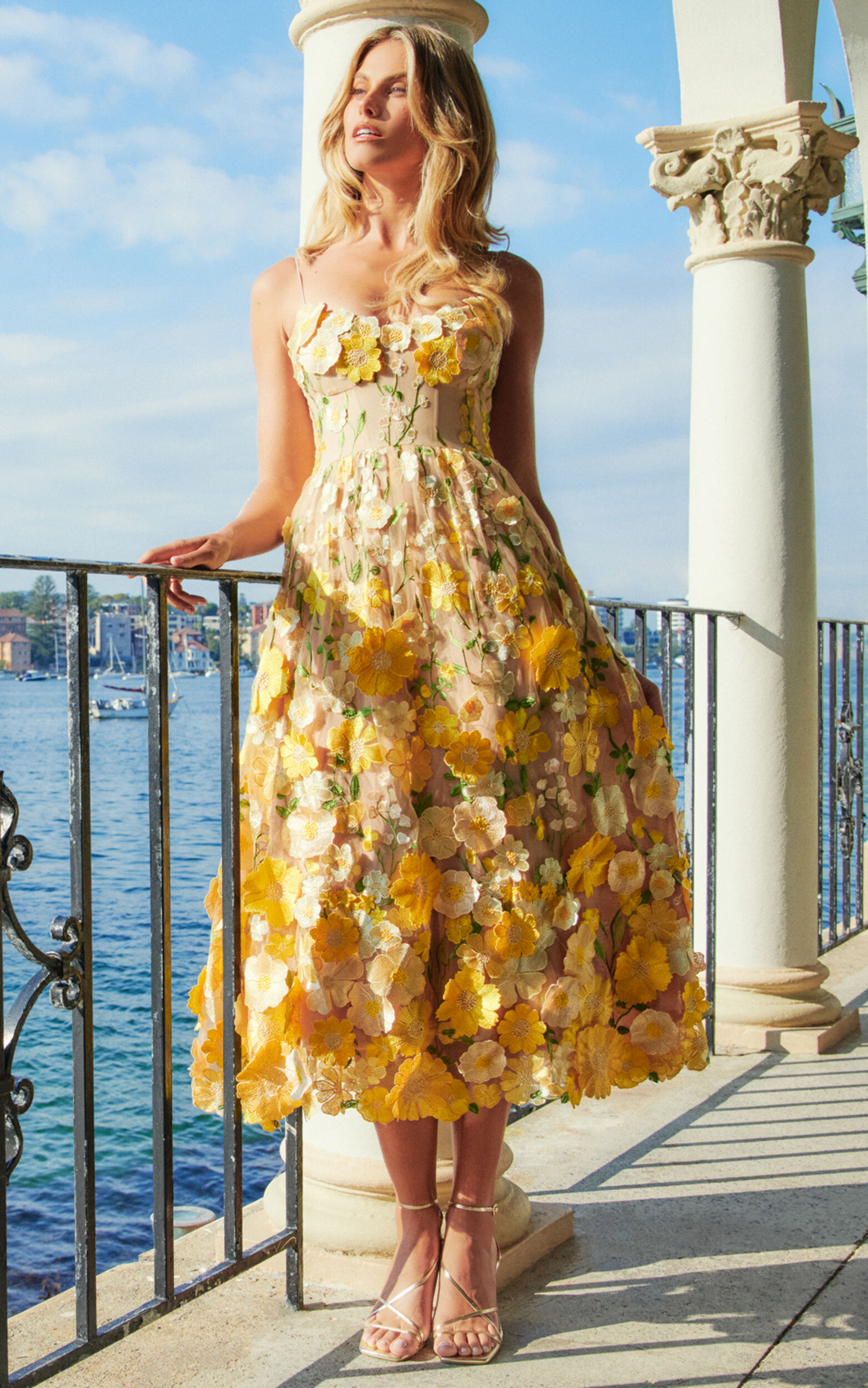 Amalie The Label - Mia Strappy Flower Detail Midi Dress in Yellow - 06, YEL1