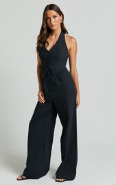 Linette Jumpsuit - Halter Neck Button Through Vest Tailored Wide Leg ...