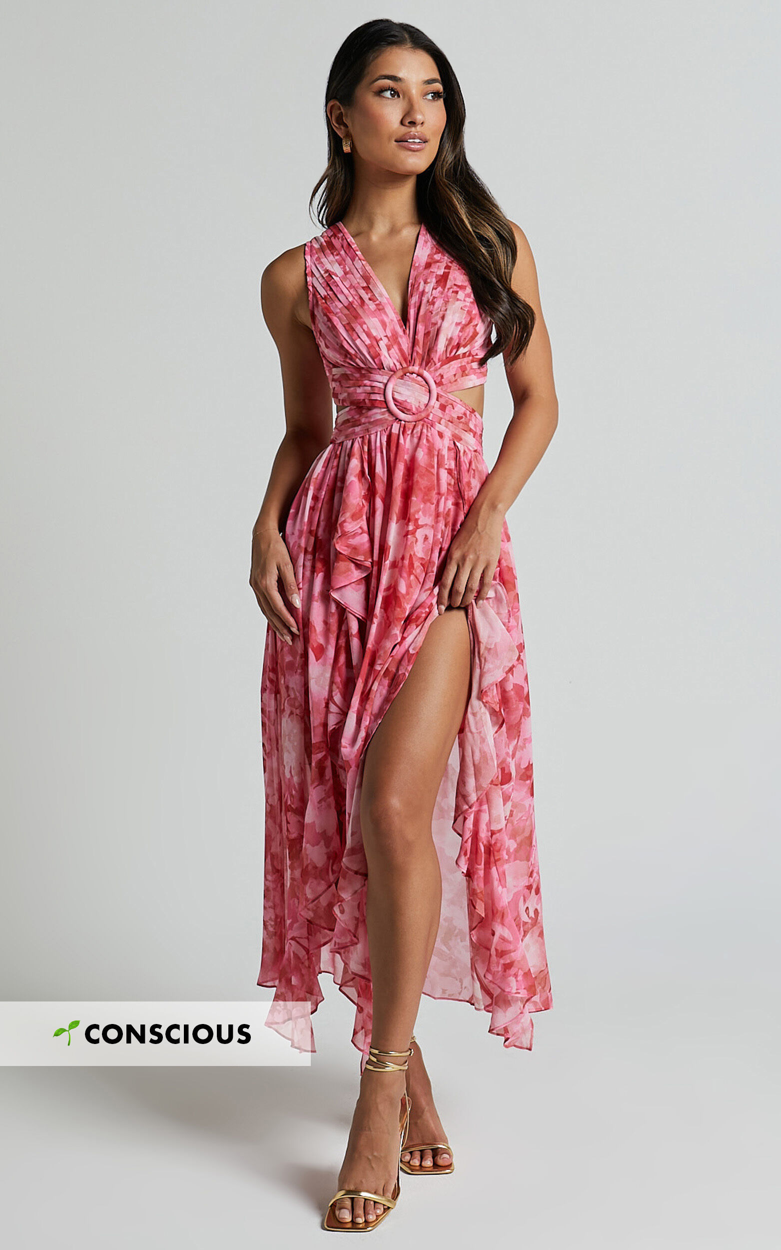 Marga Maxi Dress - Plunge Ruffle Detail Cut Out Dress in Petal Paradise - 06, PNK1