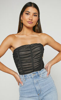 Isabella Bodysuit - Ruched Strapless Mesh Corset in Black
