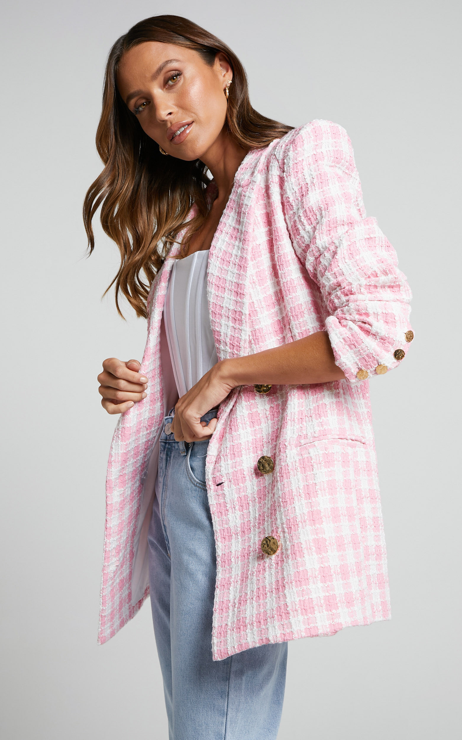 Pink checked boyfriend blazer outlet