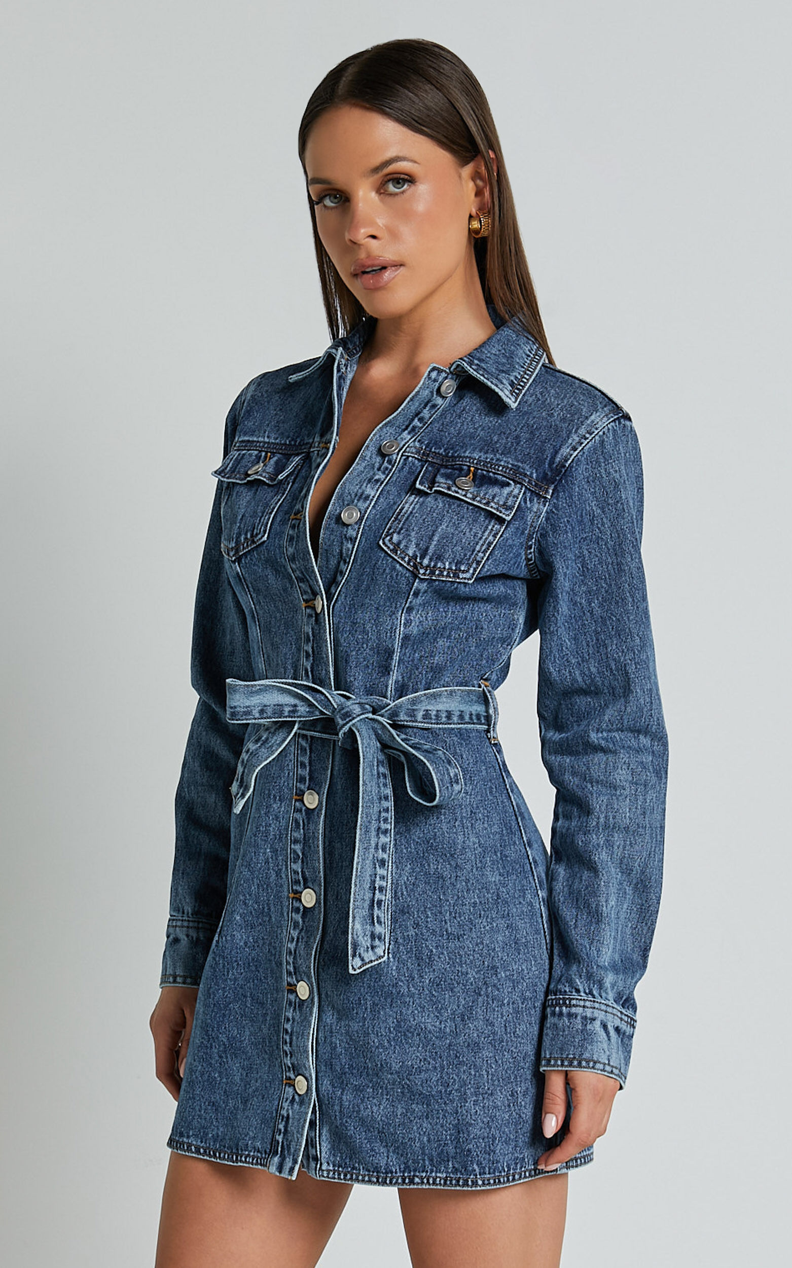 Nicole long sleeve button best sale front denim mini shirt dress