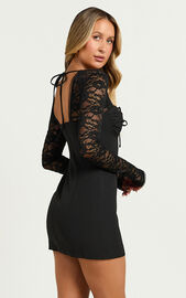 Vasquez Mini Dress - Lace Sleeve Front Tie Detail Dress in Black | Showpo