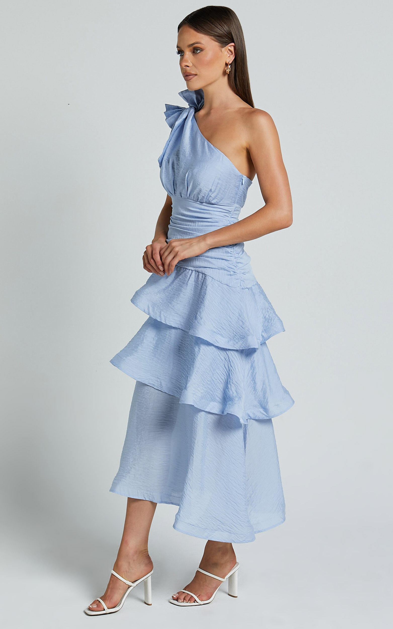 Eugenia Midi Dress - One Shoulder Fit and Flare Layered Dress in Pale Blue