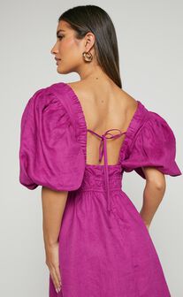 Amalie The Label - Khaila Linen Plunge Puff Sleeve Mini Dress in Mulberry