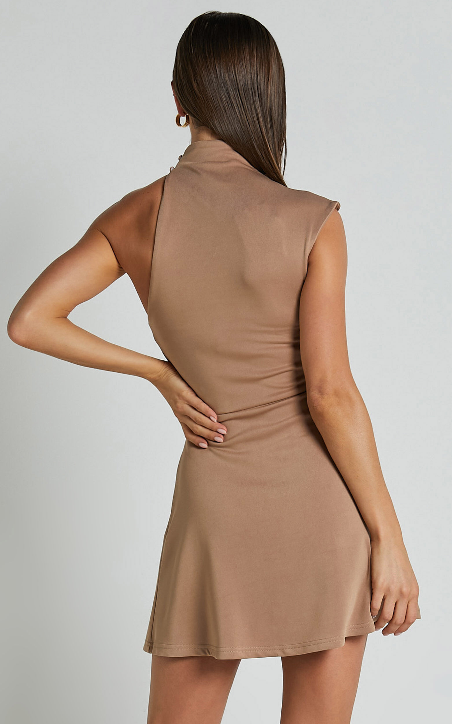 Rubie Mini Dress - High Neck Asymmetrical One Shoulder Dress in Mocha ...