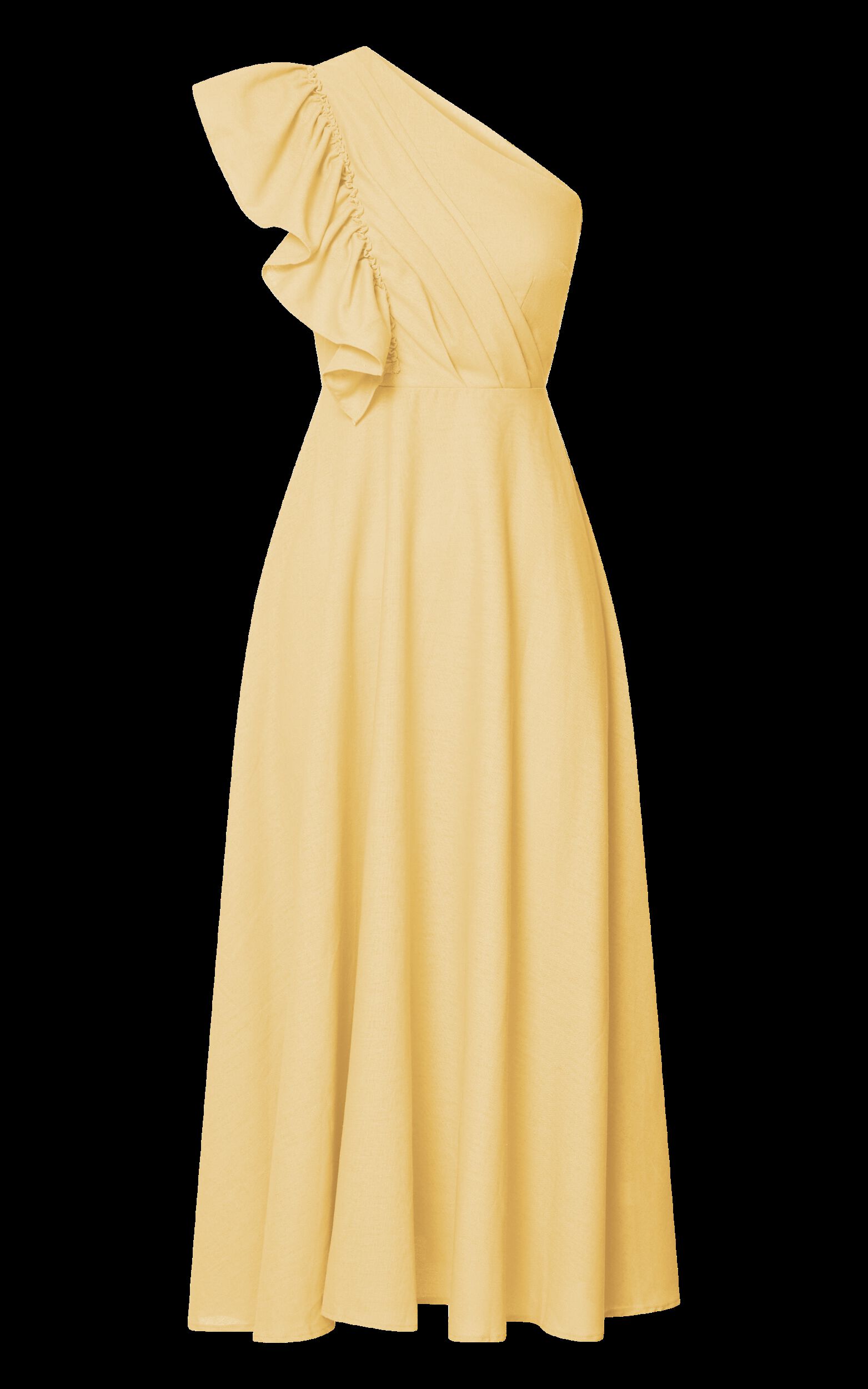 Dixie Midi Dress Linen Look One Shoulder Ruffle Dress in Lemon Showpo