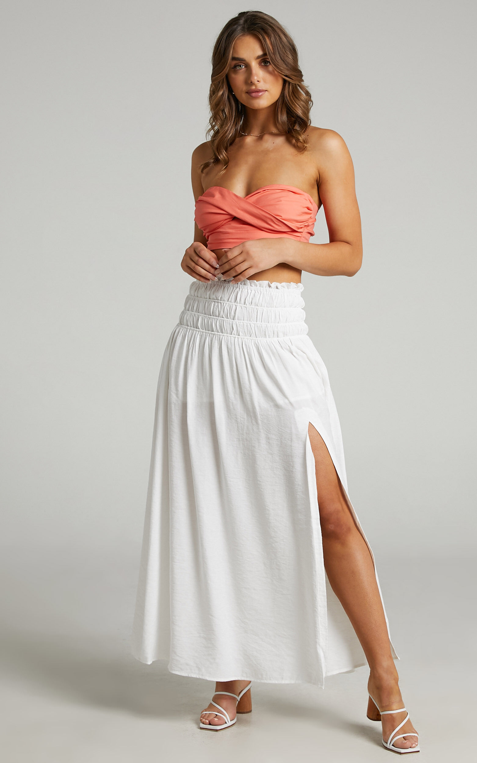 White ruched maxi clearance skirt
