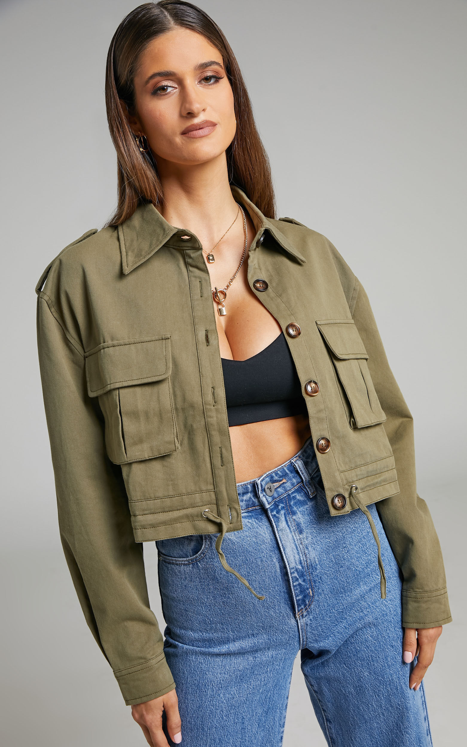 Karylle Cotton Cropped Utility Jacket in Khaki
