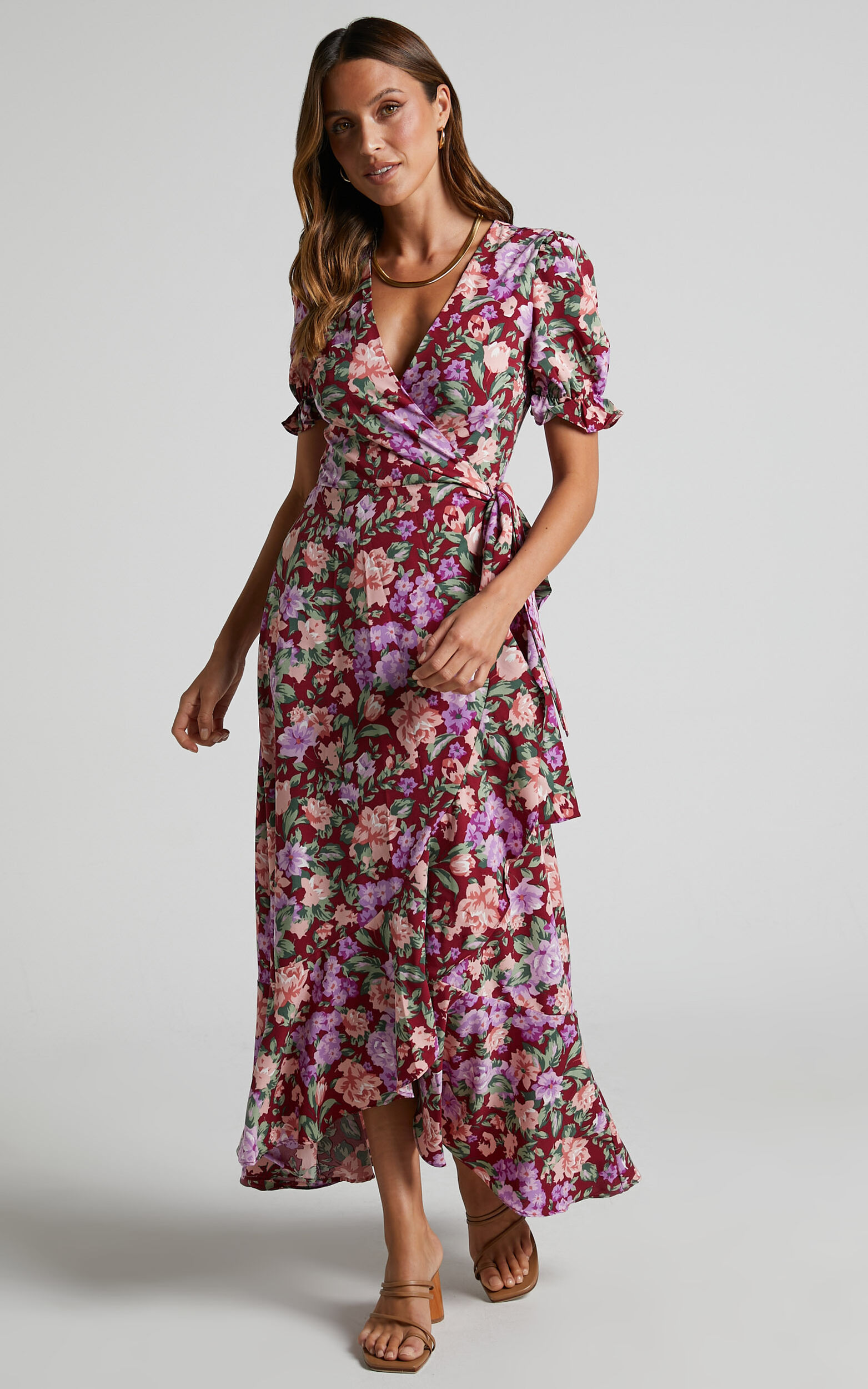 Lisse Midi Dress - Frill Detail V Neck Wrap Dress in Wine Floral - 04, WNE1