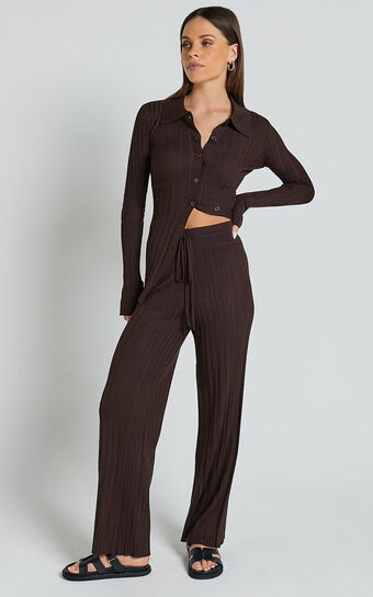 Kelsey Pants - High Drawstring Waist Knit Pants in Chocolate