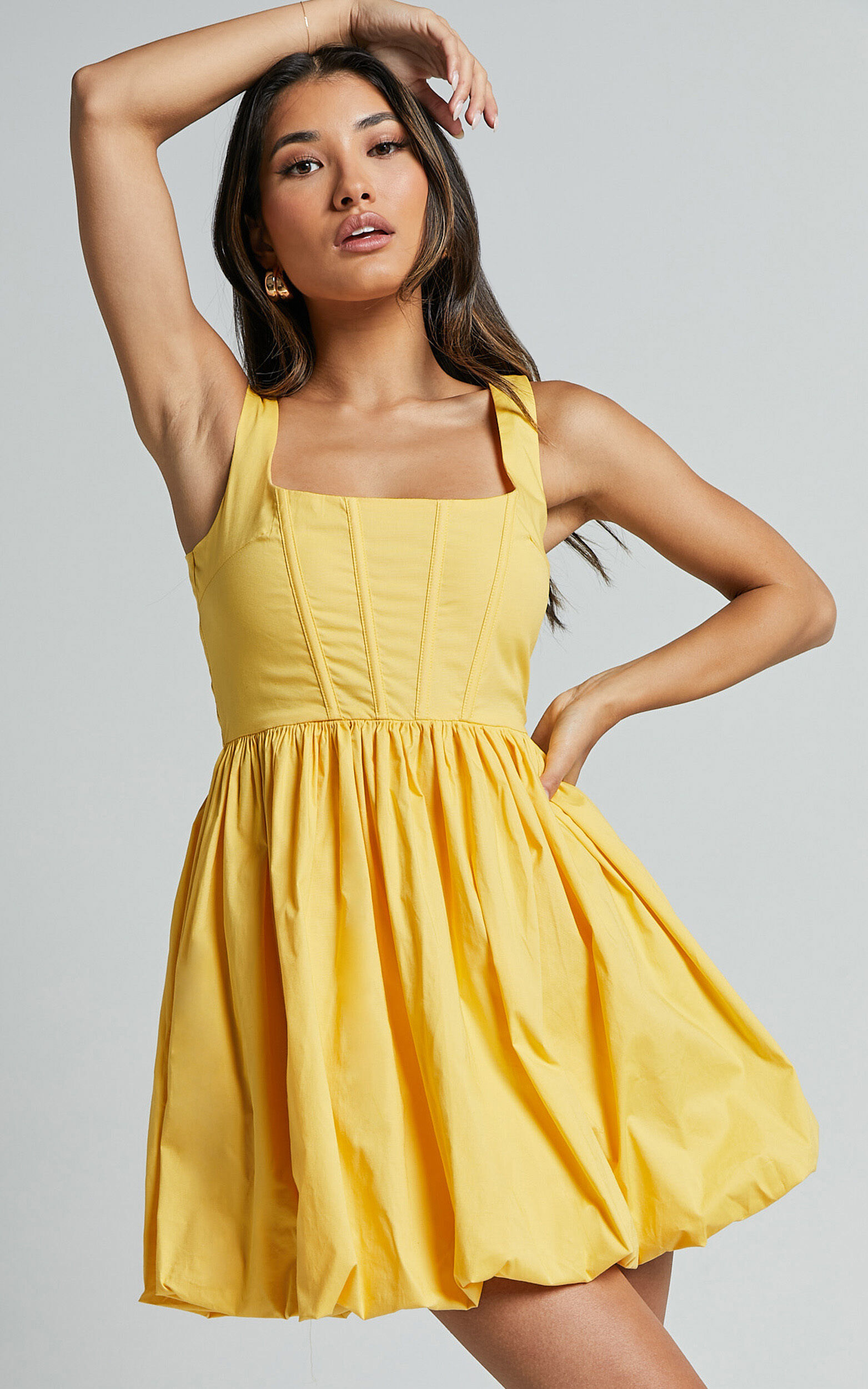 Brianda Mini Dress - Corset Bodice Bubble Hem Dress in Yellow