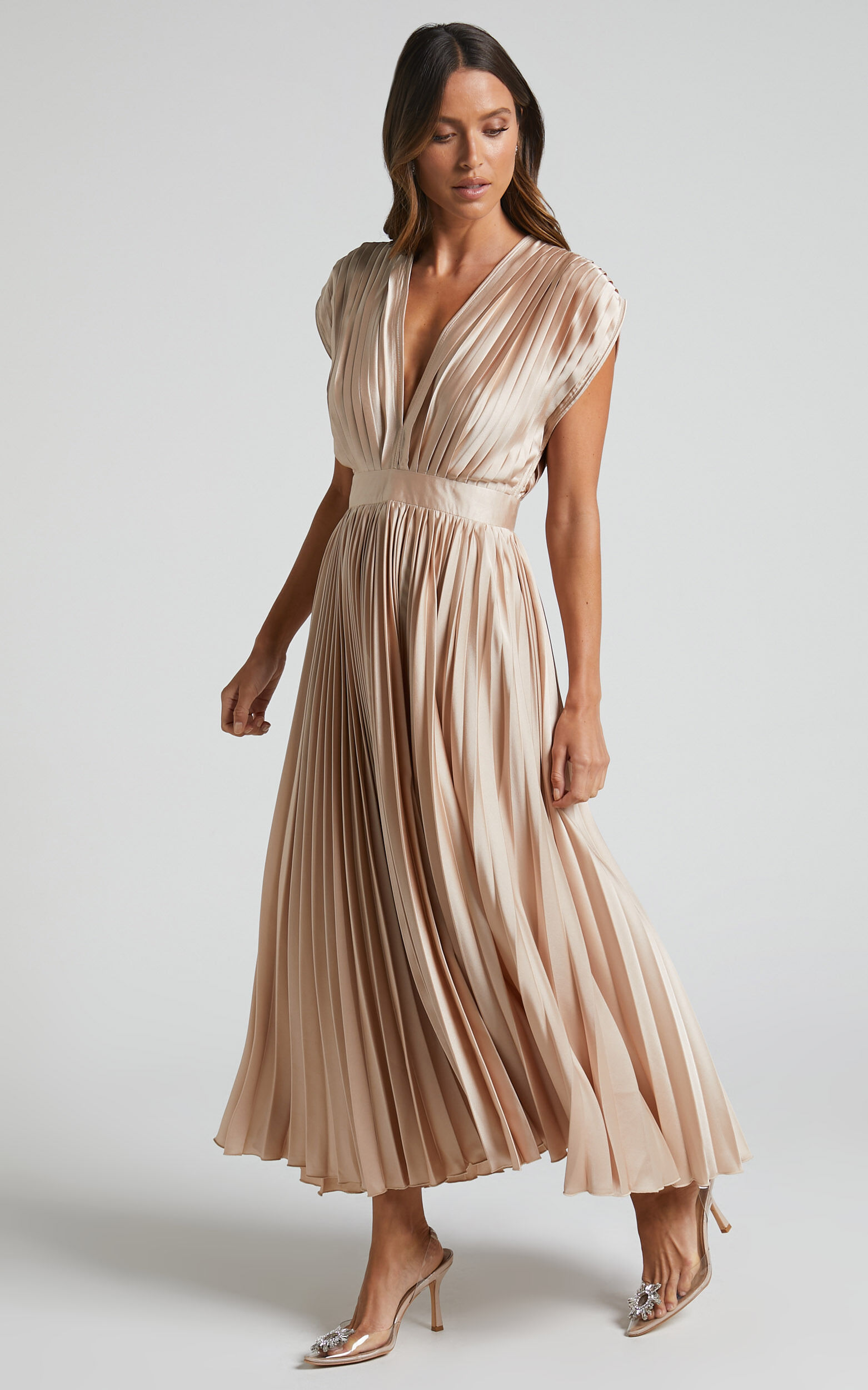 Champagne pleated dress deals