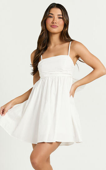 Clover Mini Dress - Back Bow Babydoll Dress in White
