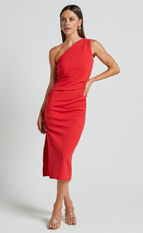 Monette Midi Dress - One Shoulder Straight Dress in Orange Red