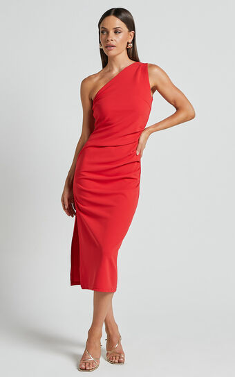 Monette Midi Dress - One Shoulder Straight Dress in Orange Red