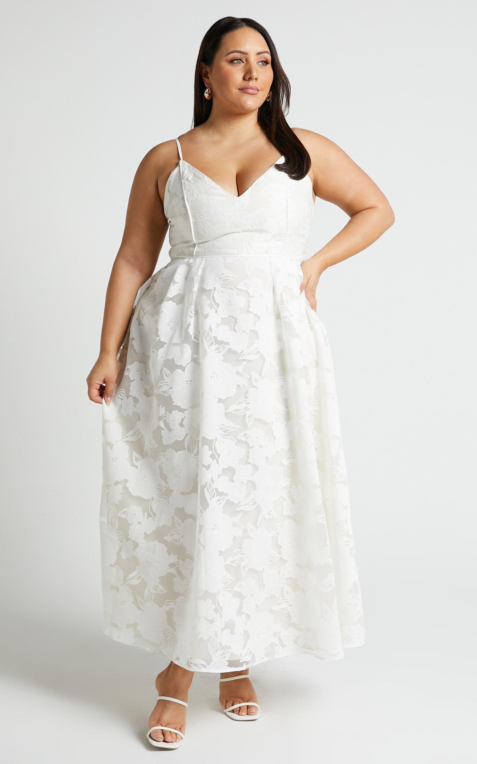 Philine Midi Dress Plunge Fit and Flare Dress in White Showpo USA