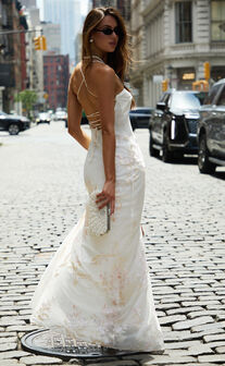 Chrissy Maxi Dress - Square Neck Lace Back Fit And Flare Dress in Ivory