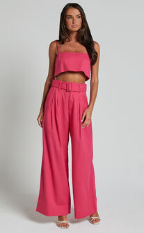 Thelma Two Piece Set - Linen Look Bandeau Crop Top and Belted Wide Leg Pants Set in Hot Pink