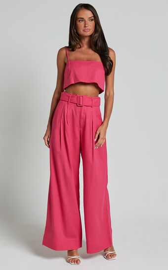Thelma Two Piece Set - Linen Look Bandeau Crop Top and Belted Wide Leg Pants Set in Hot Pink Showpo