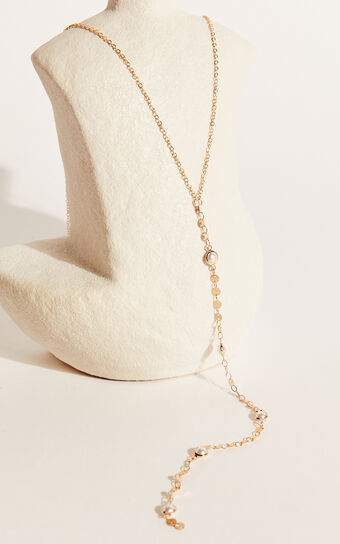 Telestina Necklace - Faux Pearl Long Drop Necklace in Gold