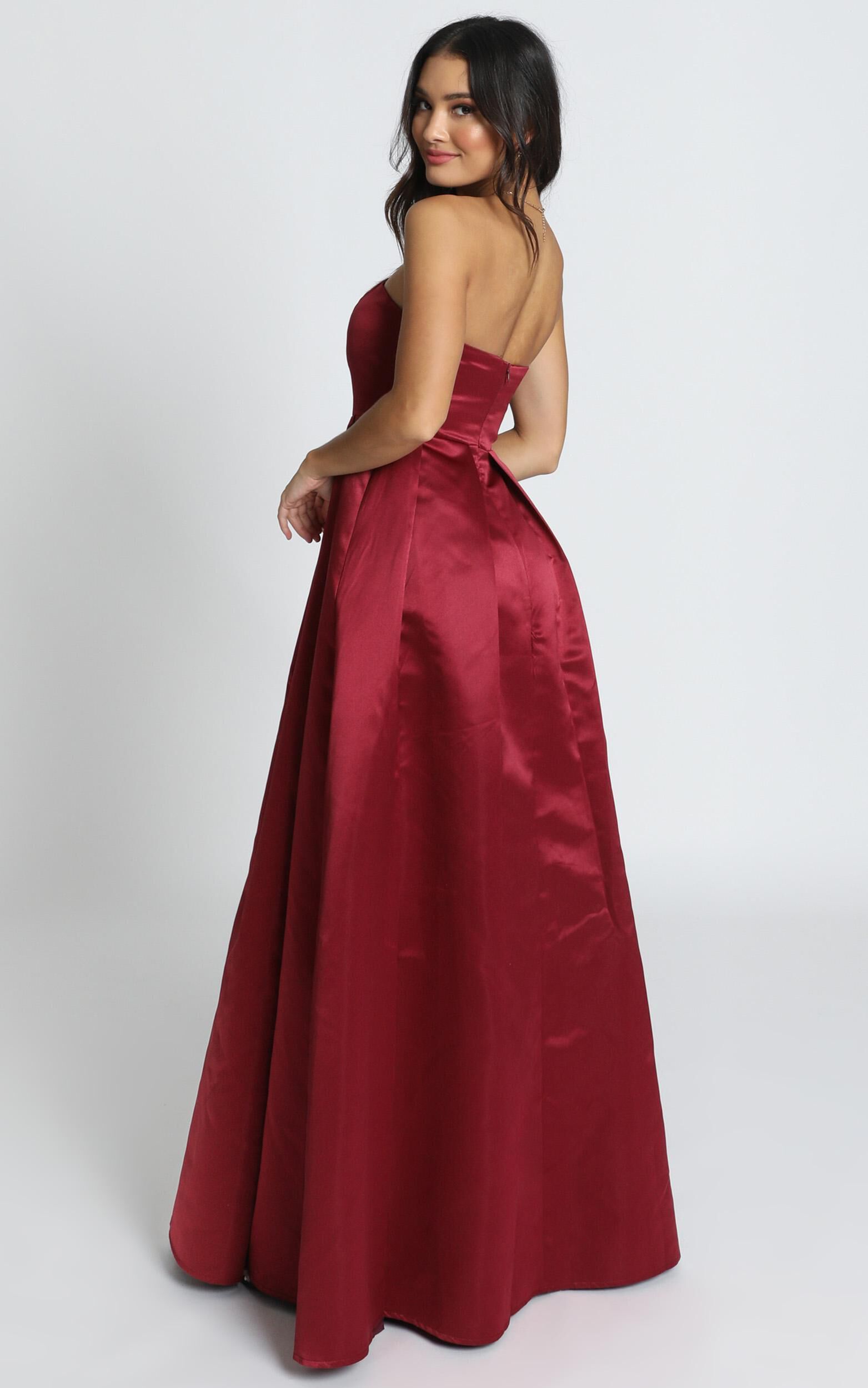 Queen Of The Show Strapless Maxi Dress in Wine Satin Showpo USA