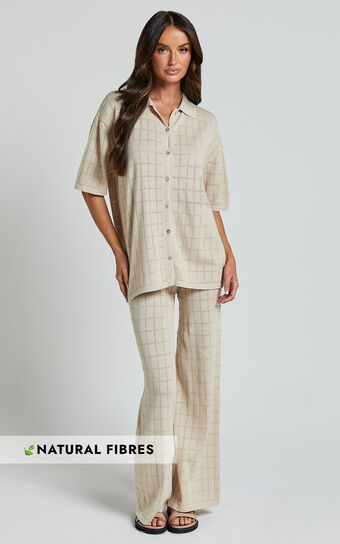 Tommy Two Piece Set - Knit Button Through Top and Pants Two Piece Set in Sand