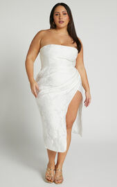 Brailey Midi Dress - Thigh Split Strapless Dress in White Jacquard | Showpo
