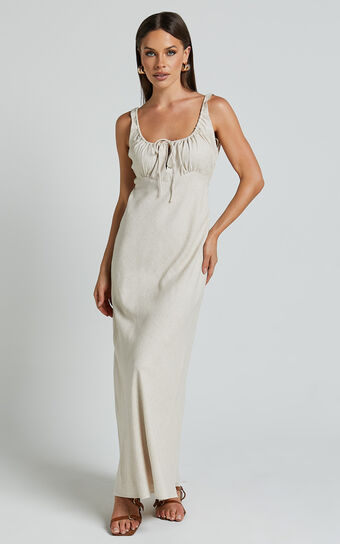 Lucas Midi Dress - Ruched Bust Linen Look Dress in Natural | Showpo USA
